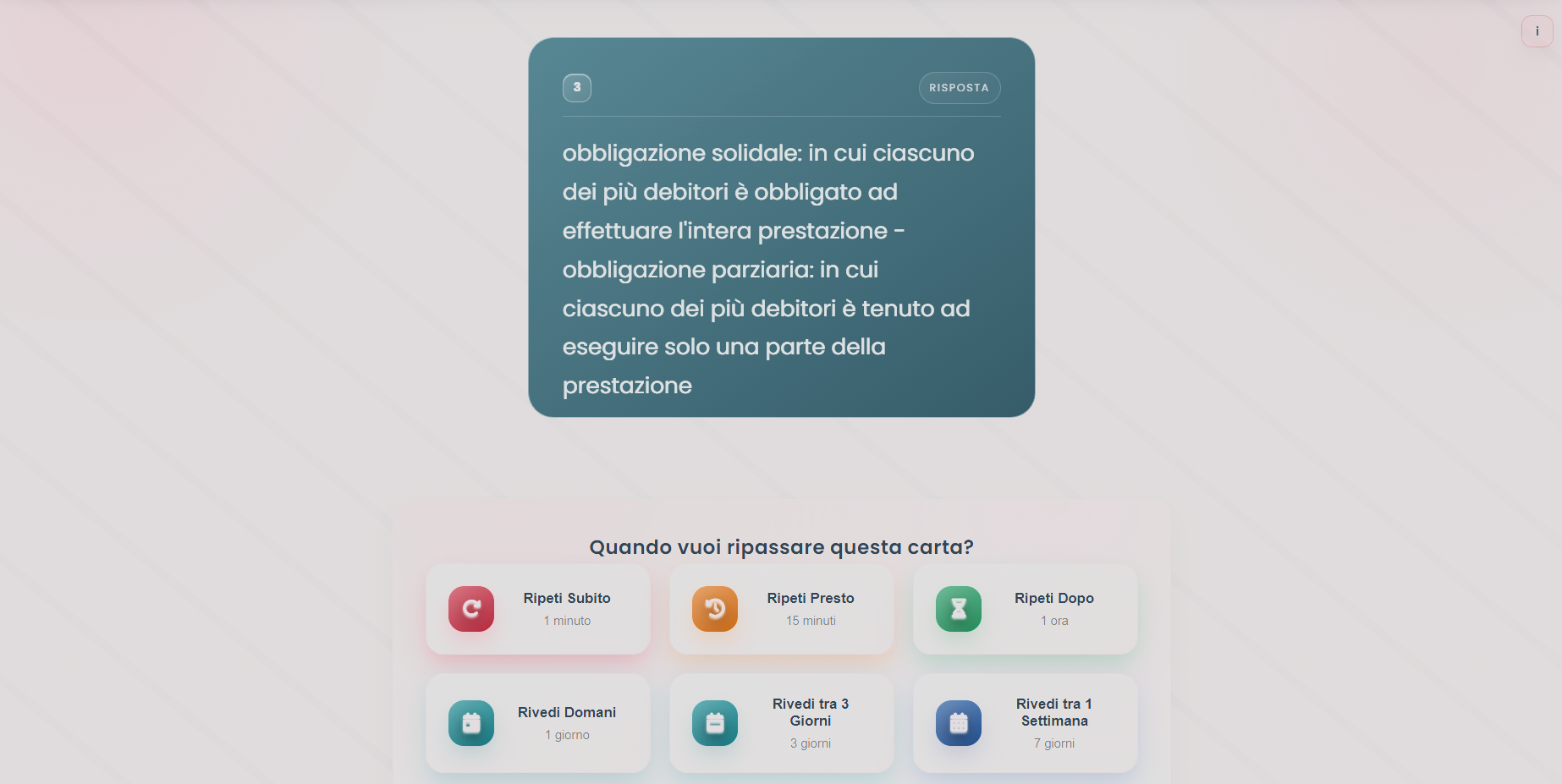 Retro della flashcard Quizienza con la risposta e le opzioni di ripetizione