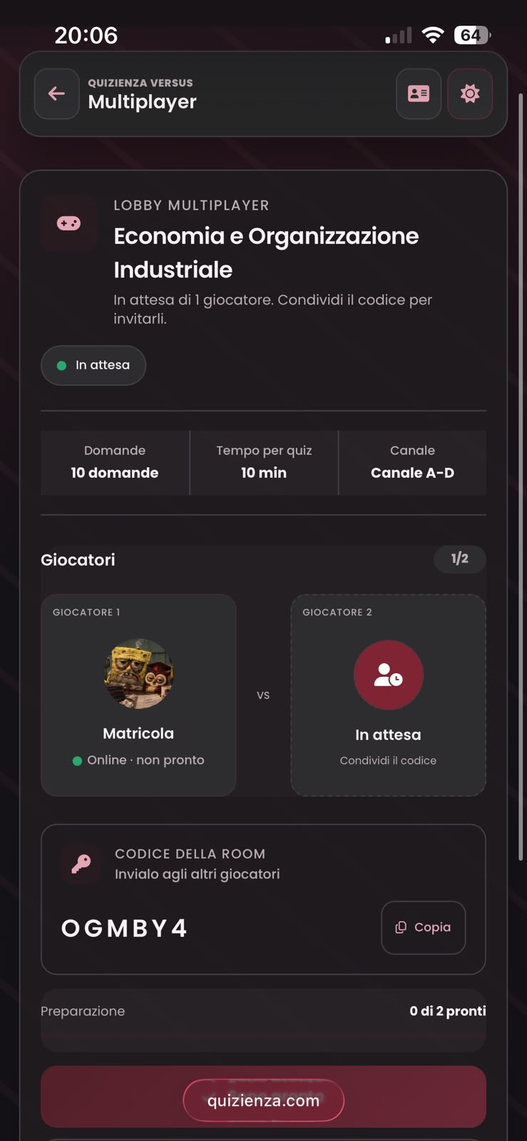 Lobby multiplayer di Quizienza su smartphone, con il codice della stanza da condividere