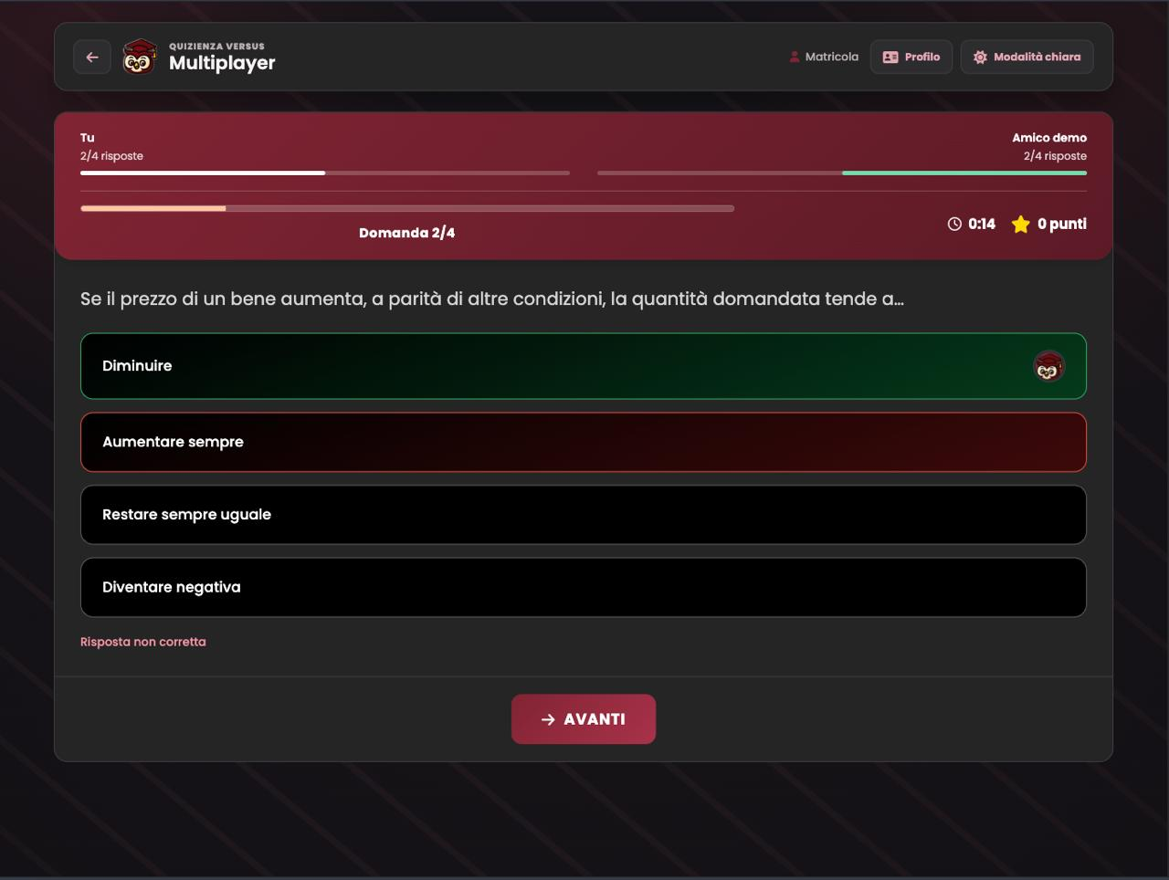 Partita versus di Quizienza su tablet, con i progressi dei due giocatori e le risposte colorate
