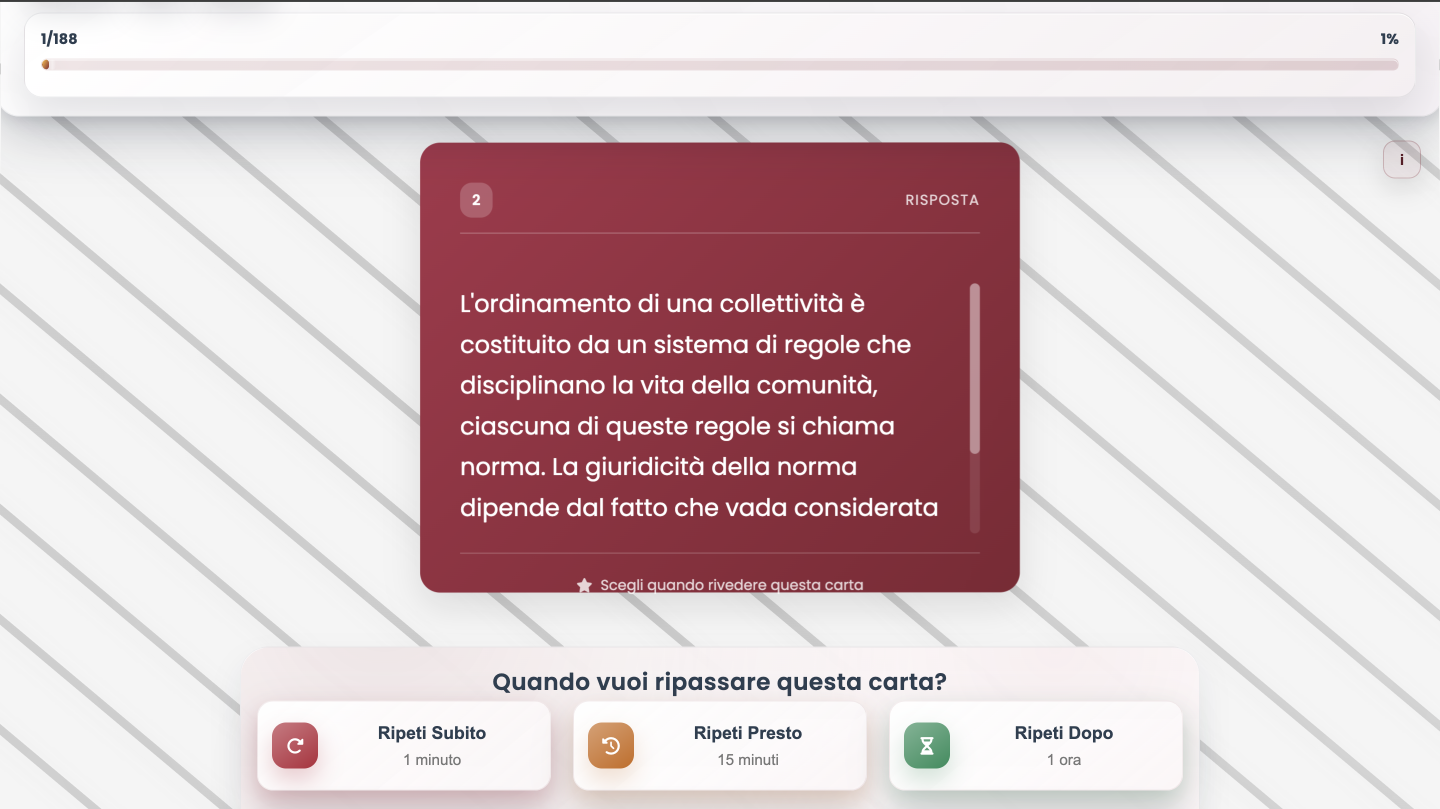 Retro della flashcard Quizienza con la risposta e le opzioni di ripetizione
